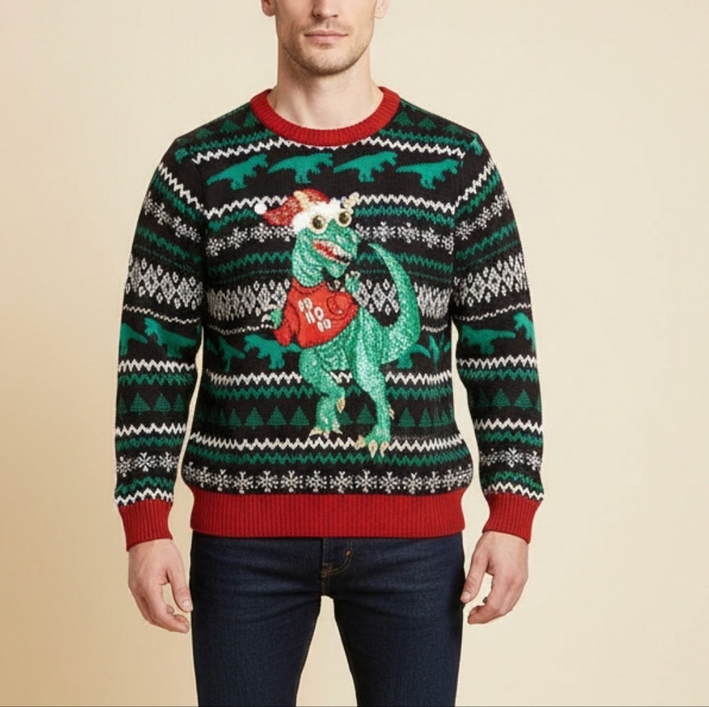 Hideous Dinosaur Ugly  Christmas Sweater - Black, Green, and Red